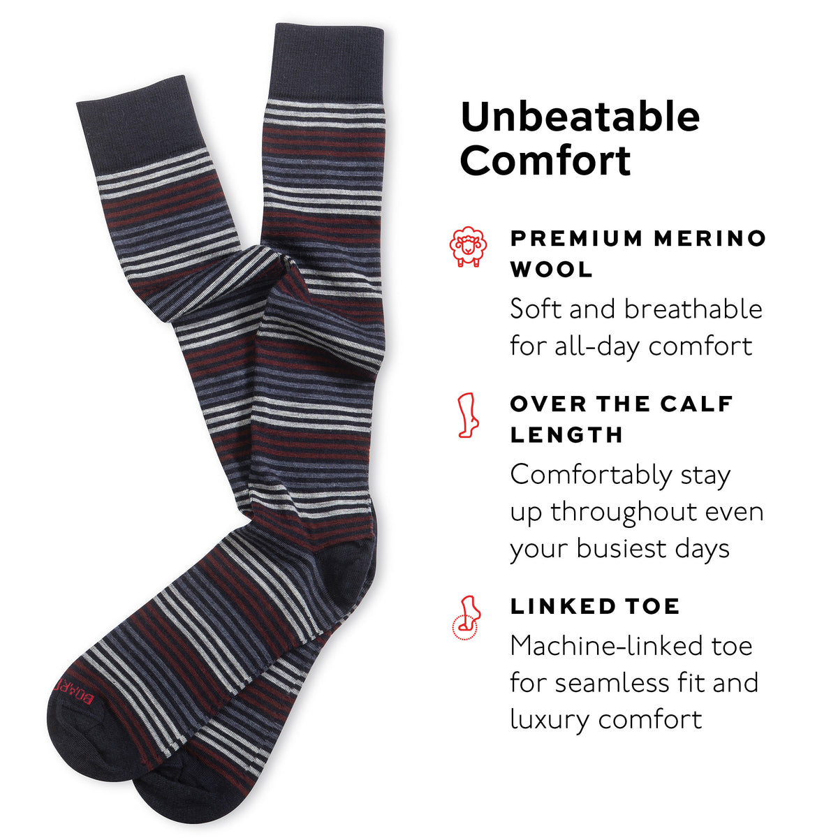 pair of striped dress socks with text highlighting comfort features on a white background