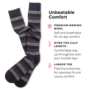 pair of striped dress socks with text highlighting comfort features on a white background