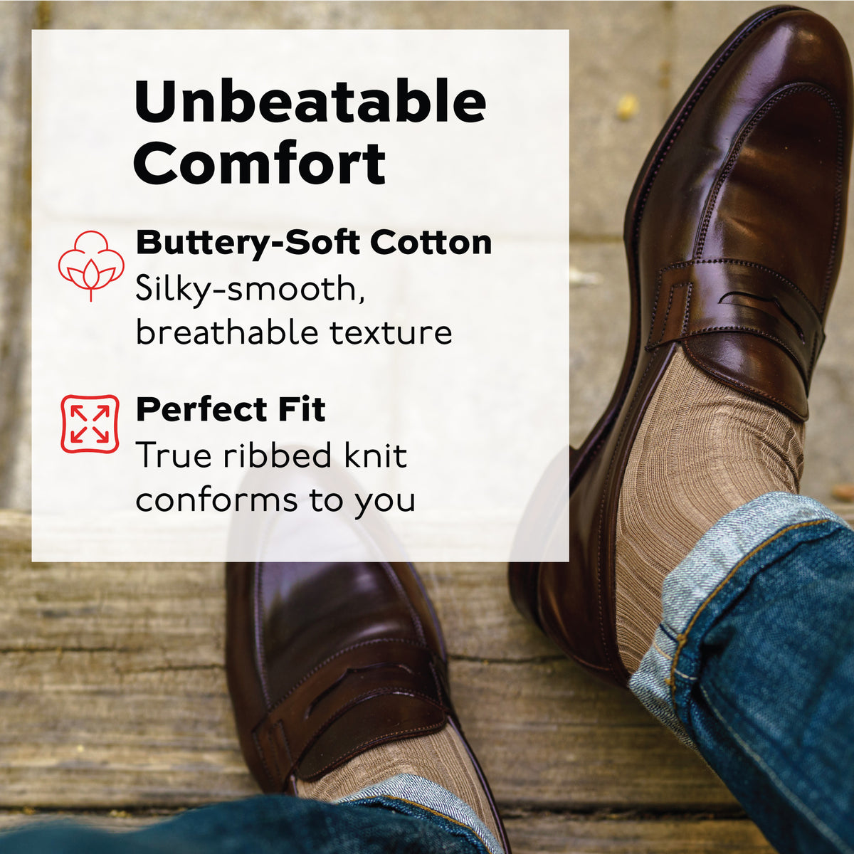man sitting on wooden stairs wearing brown loafers and Khaki Cotton Mid Calf Dress Socks with jeans