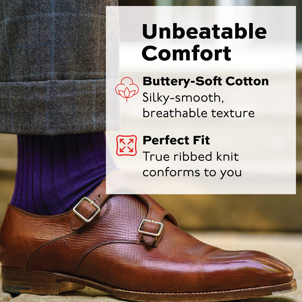 man standing wearing brown shoes and Purple Cotton Mid Calf Dress Socks with an infographic overlay