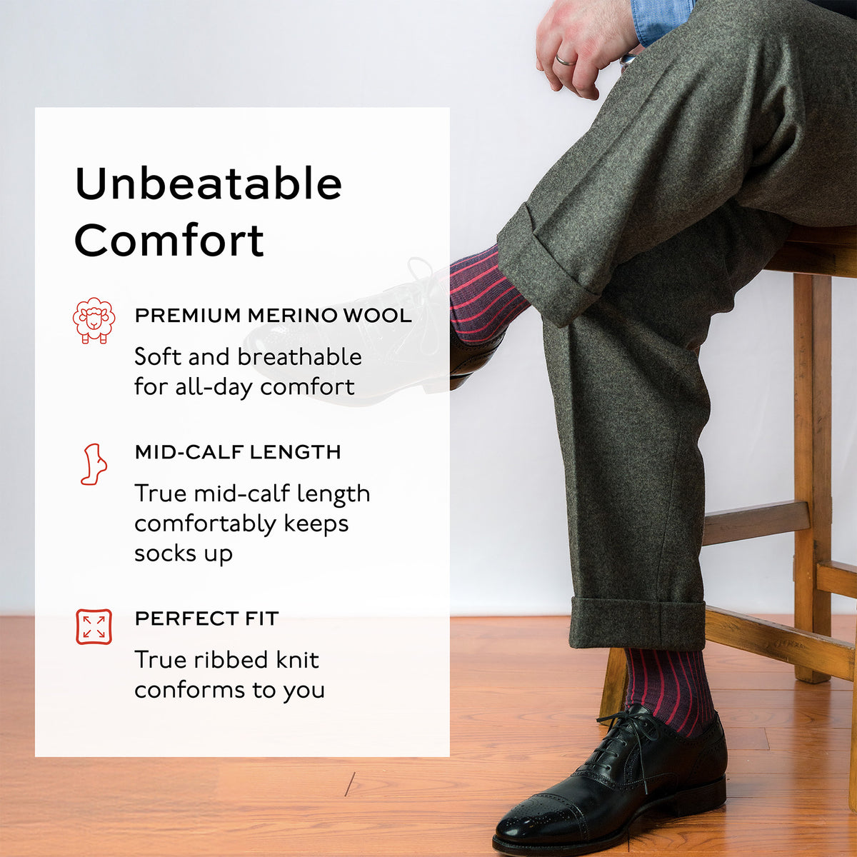 man seated wearing colorful shadow stripe dress socks with text overlay about comfortable features