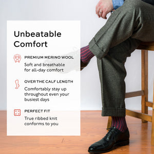 man seated wearing coral and denim shadow stripe dress socks with text overlay about comfort