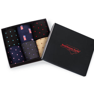 opened Boardroom Socks gift box filled with six patterned cotton dress socks