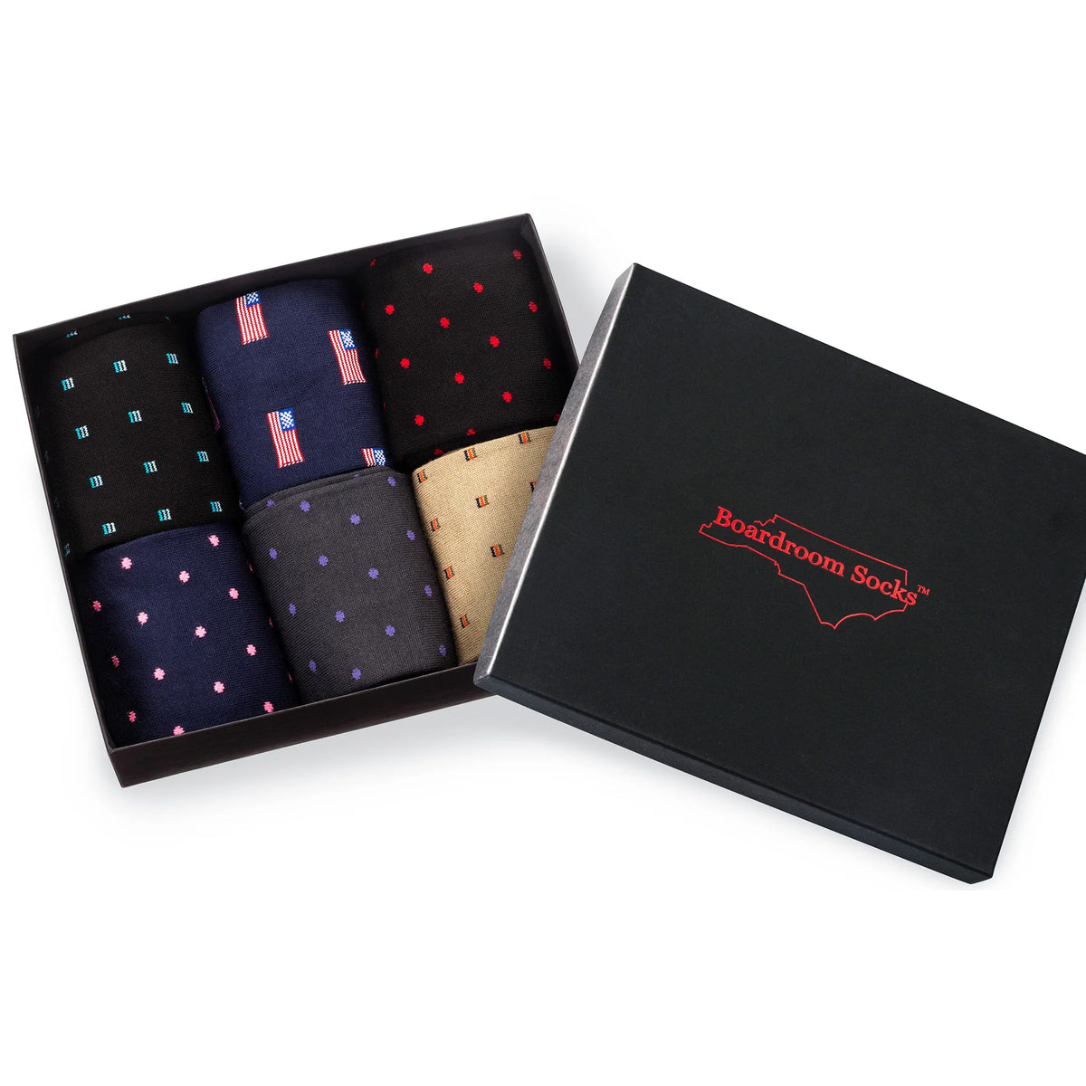 six pairs of cotton patterned dress socks in Boardroom Socks gift box