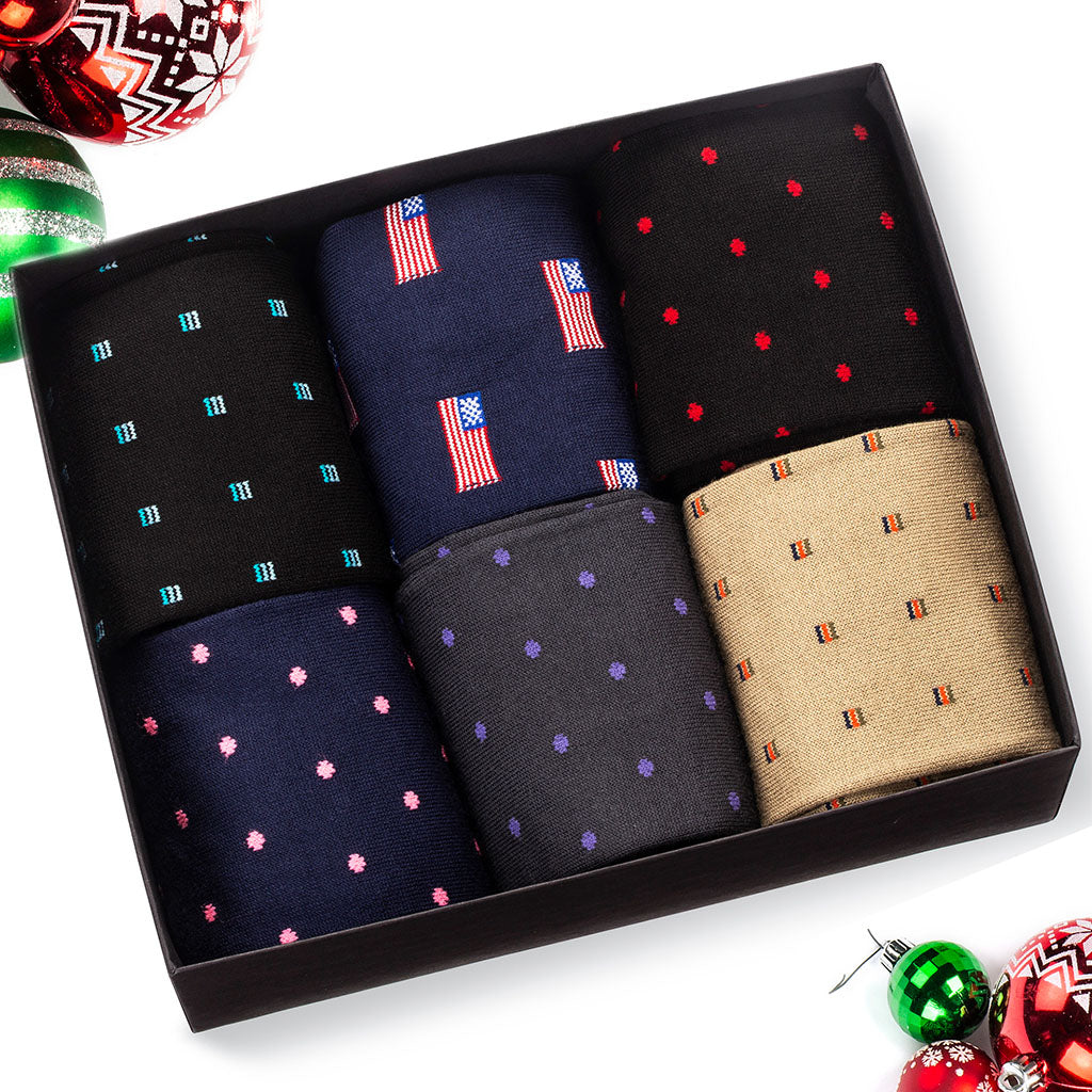 gift box filled with six styles of patterned cotton dress socks