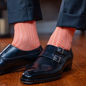 ribbed peach cotton dress socks with dark grey suit and monkstrap shoes