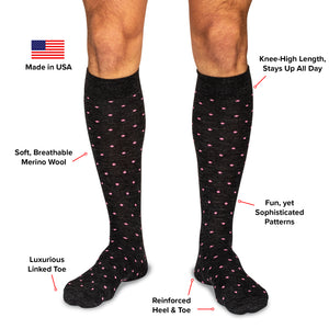 infographic detailing the features and benefits of Boardroom Socks' patterned over the calf dress socks
