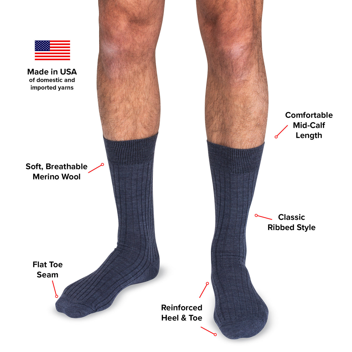 infographic detailing features and benefits of denim heather merino wool dress socks from Boardroom Socks