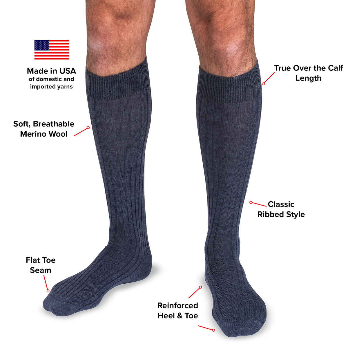 infographic detailing features and benefits of denim heather merino wool over the calf dress socks from Boardroom Socks