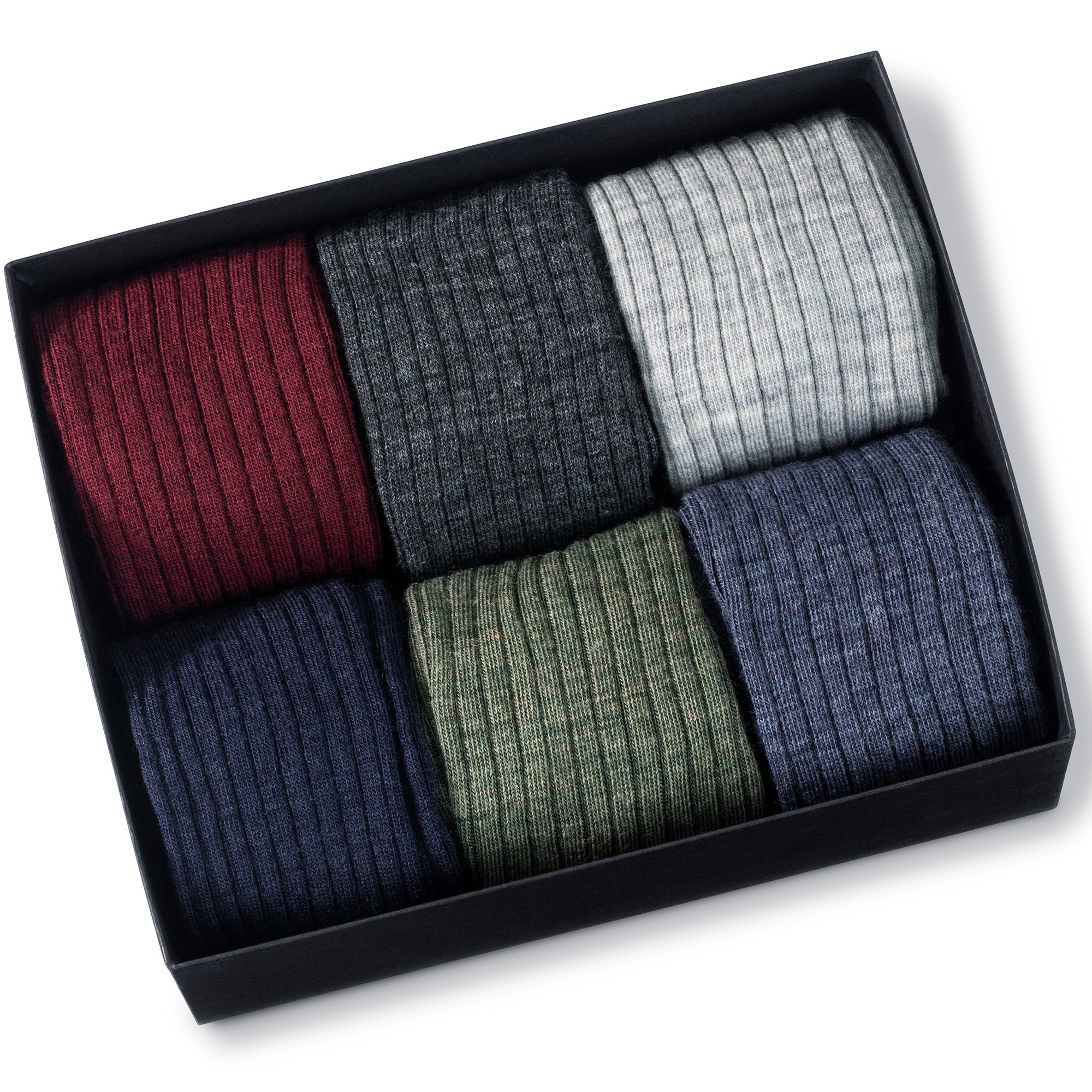 opened gift box filled with six pairs of merino wool dress socks for men