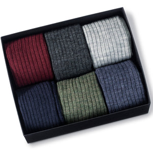 six pairs of merino wool dress socks in a black gift box