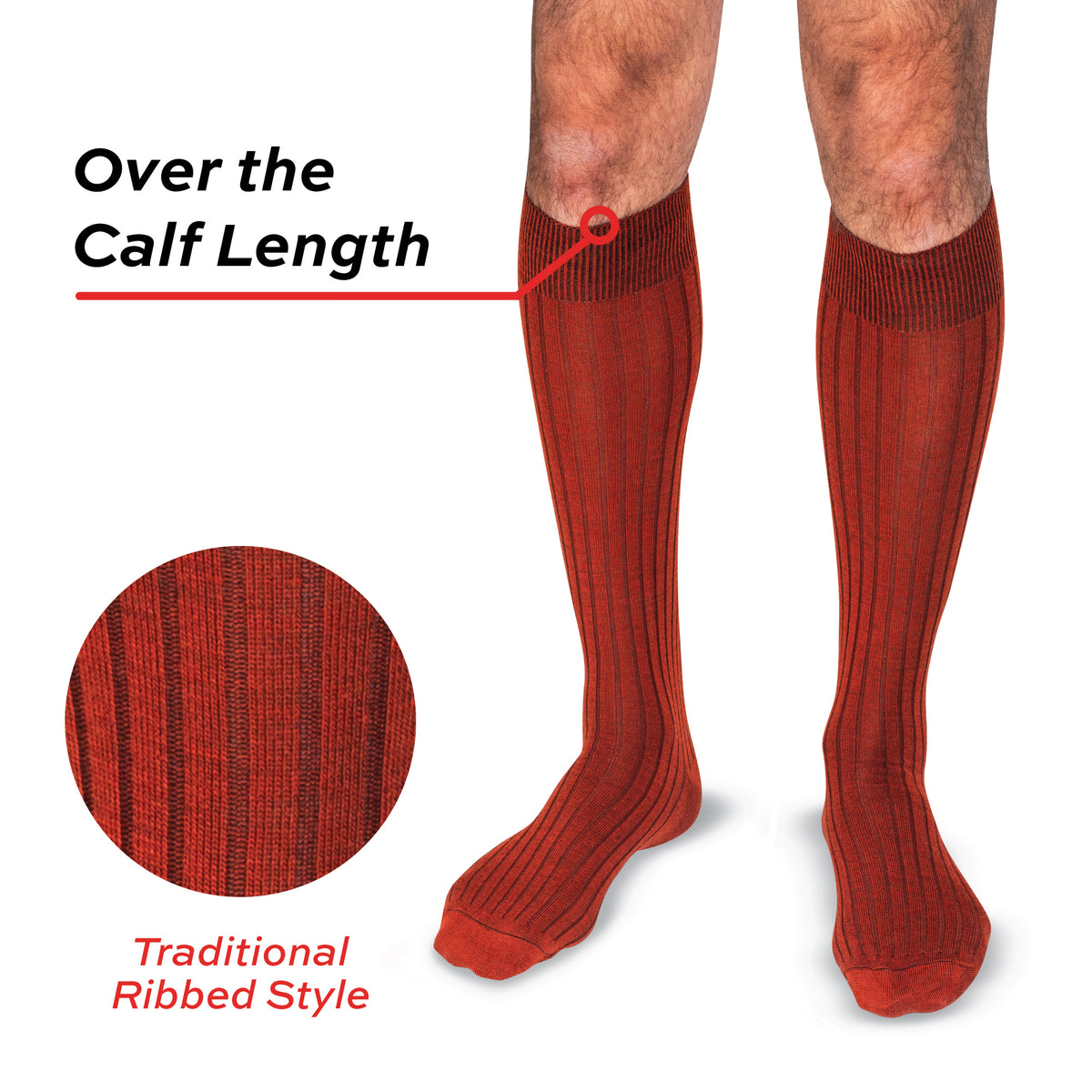model wearing Burnt Orange Merino Wool Over the Calf Dress Socks with traditional ribbed style text overlay