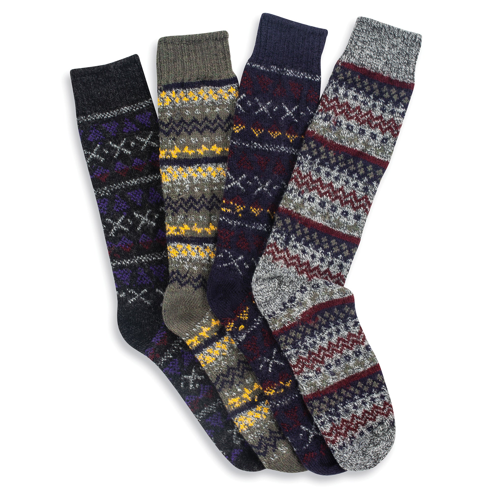 four colors of men's Fair Isle merino wool socks from Boardroom Socks