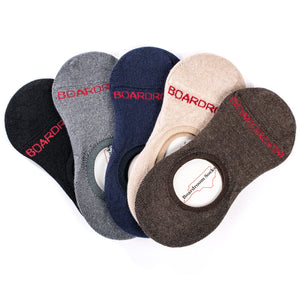 five colors of merino wool no show dress socks from Boardroom Socks arranged in a fan