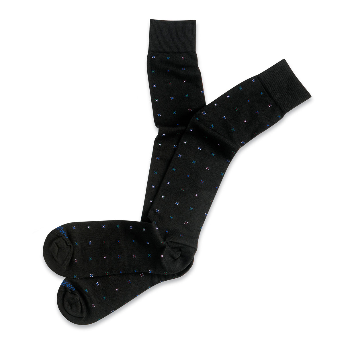 black geometric pattern cotton over the calf socks laying flat on a white background