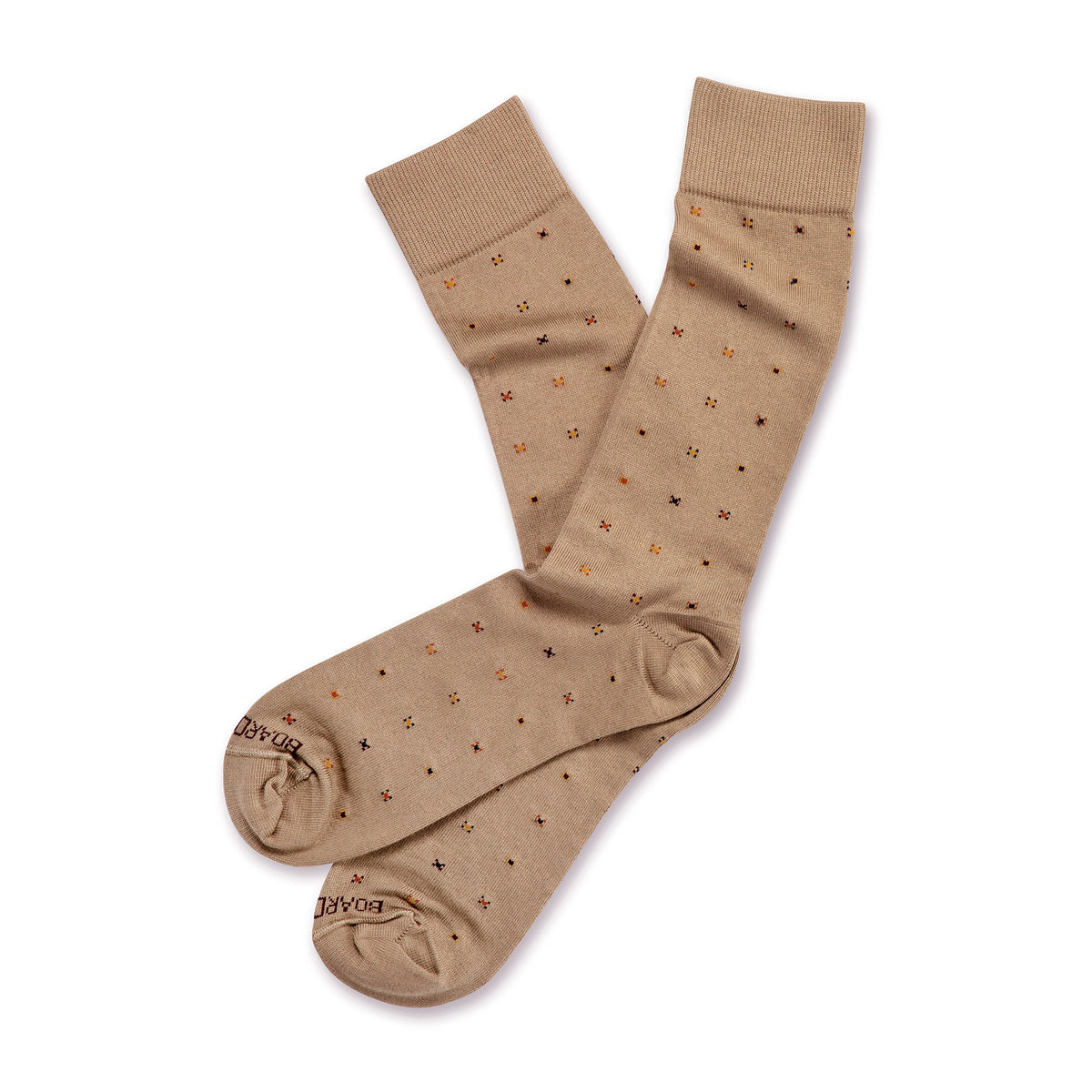 a pair of khaki geometric pattern cotton dress socks laying flat on a white back ground
