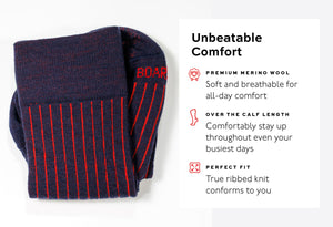 infographic detailing comfort of navy and red shadow stripe socks from Boardroom Socks