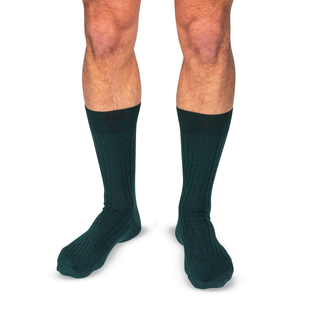 model wearing Forest Green Merino Wool mid-Calf Dress Socks on a white background