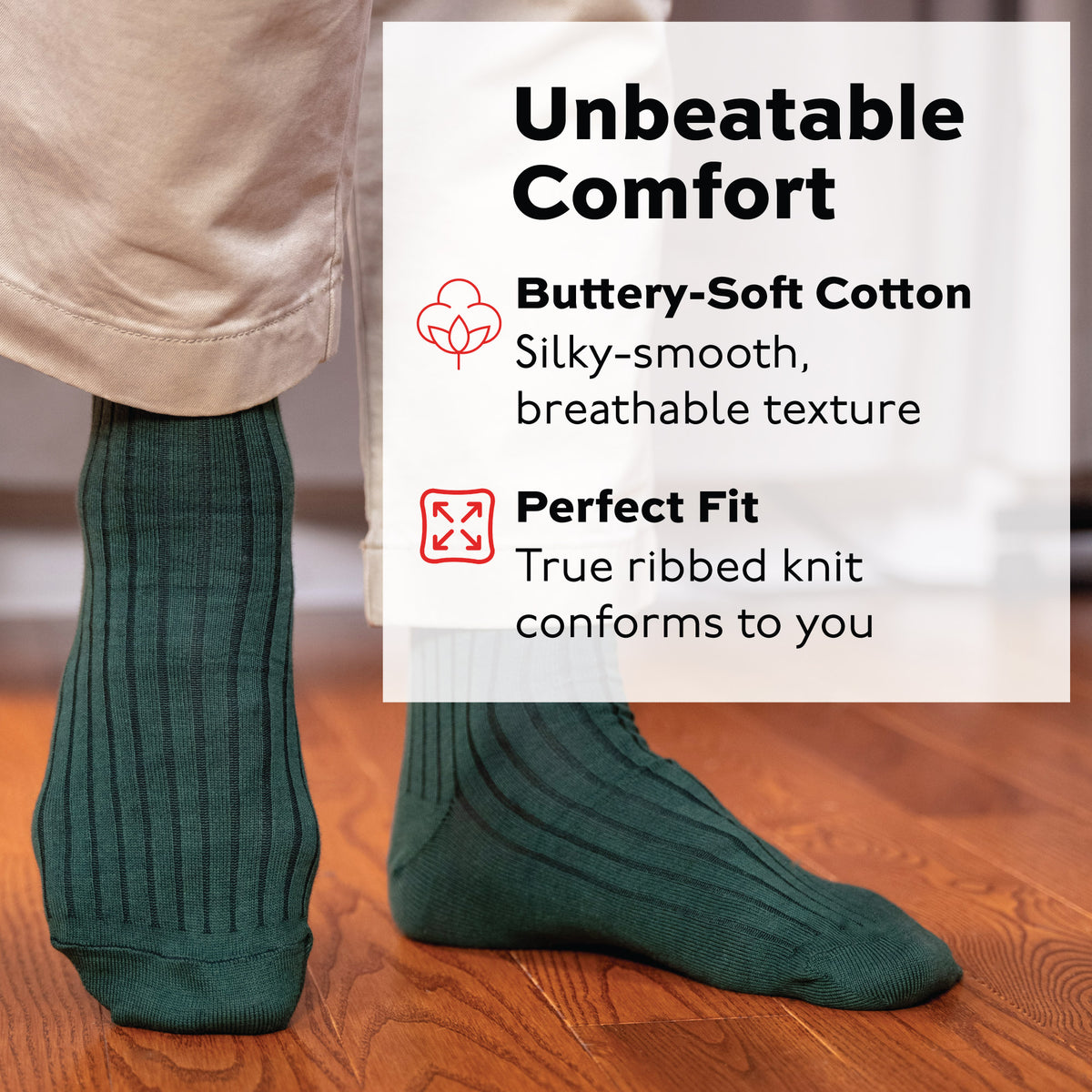 man standing on hardwood floors wearing khakis and Forest Green Cotton Over the Calf Dress Socks