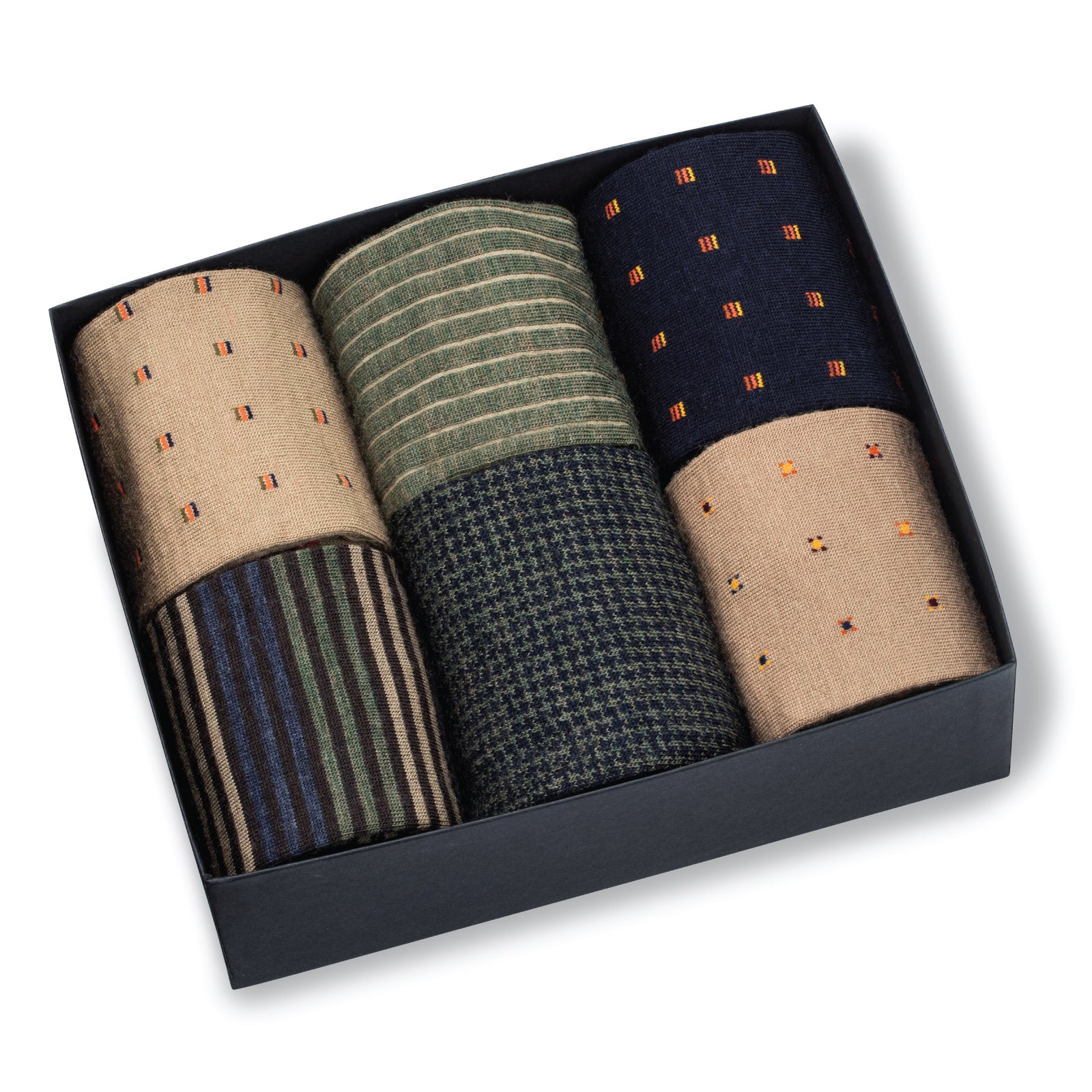  6 Pair Gift Box of Merino Wool Over the Calf Patterned Dress Socks on a white background