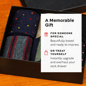 opened gift box from Boardroom Socks with superimposed infographic detailing the ease and beauty of gift box