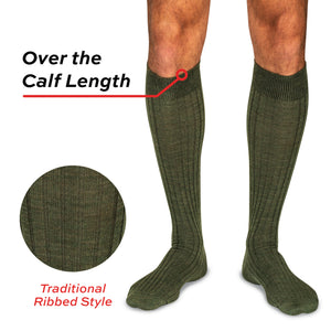 model wearing green over the calf wool dress socks with ribbed style on white background