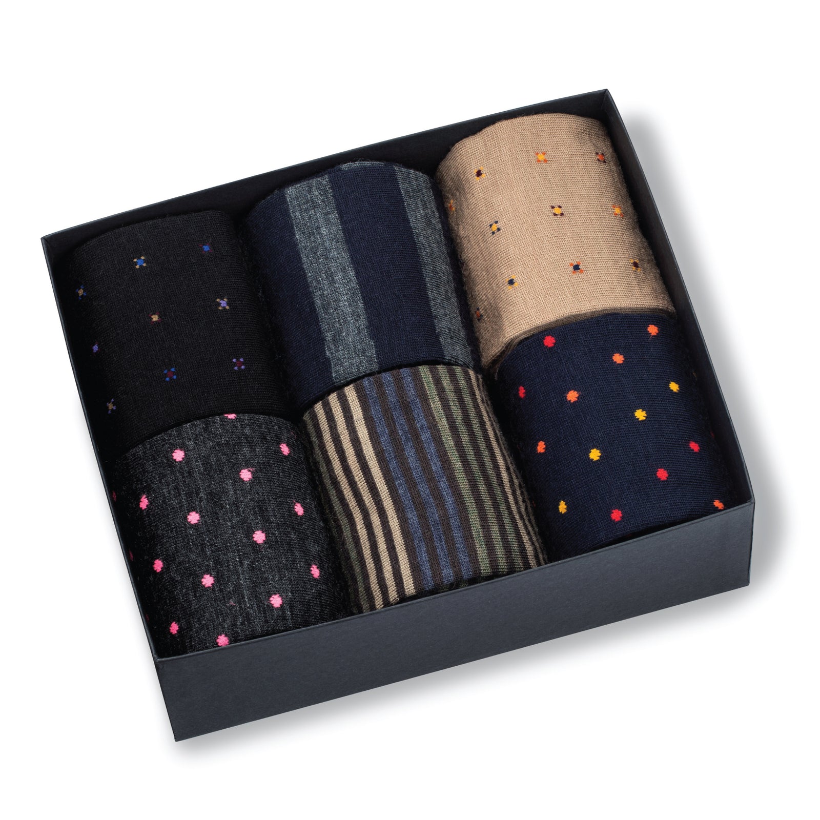 6 Pair Gift Box of Merino Wool Over the Calf Patterned Dress Socks on a white background