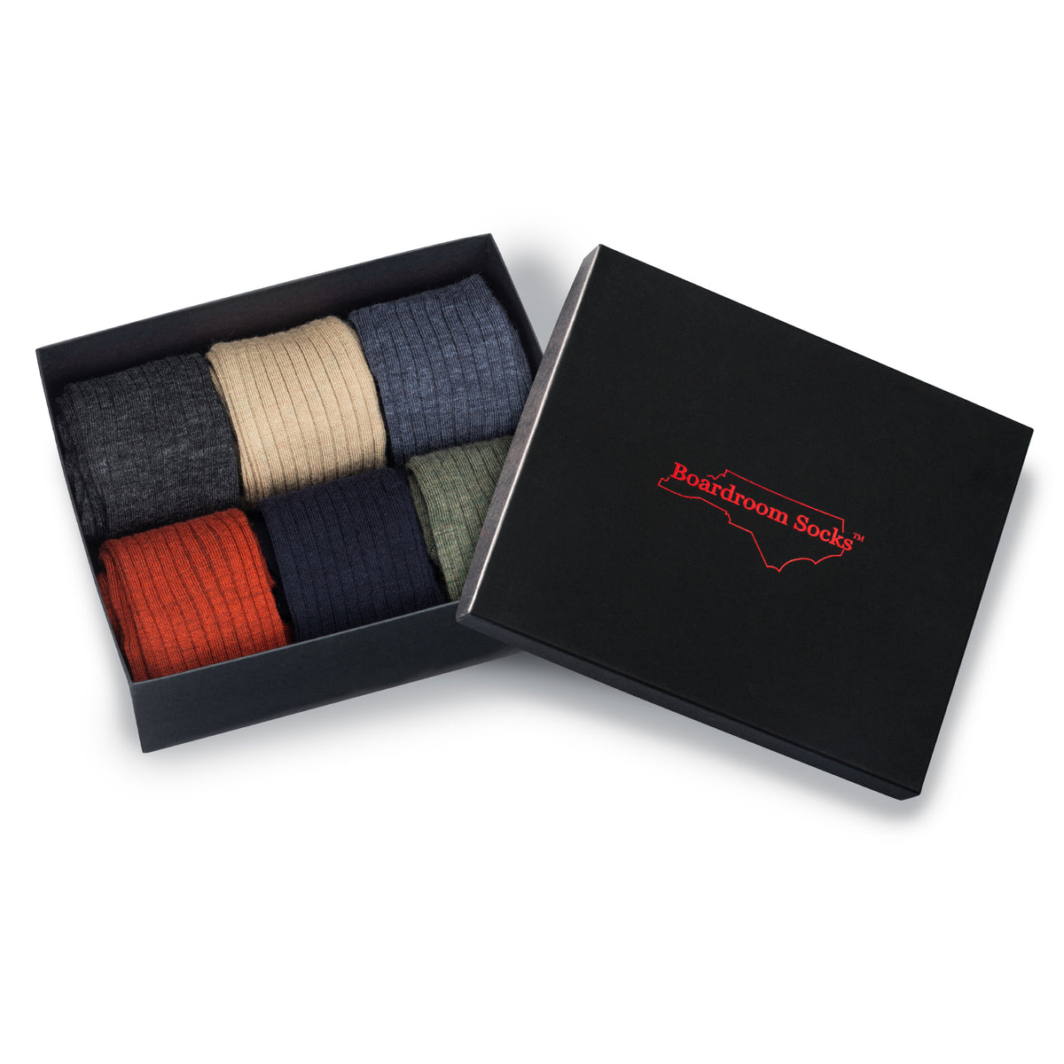 gift box of 6 pairs of Merino Wool Mid-Calf Dress Socks with a lid sitting on a white background