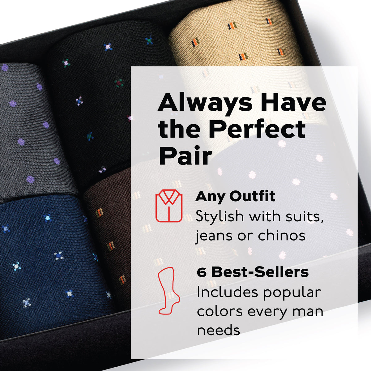 box of cotton pattern dress socks rolled up and tucked neatly in a black box on a white background with "always the perfect pair" infographic overlay