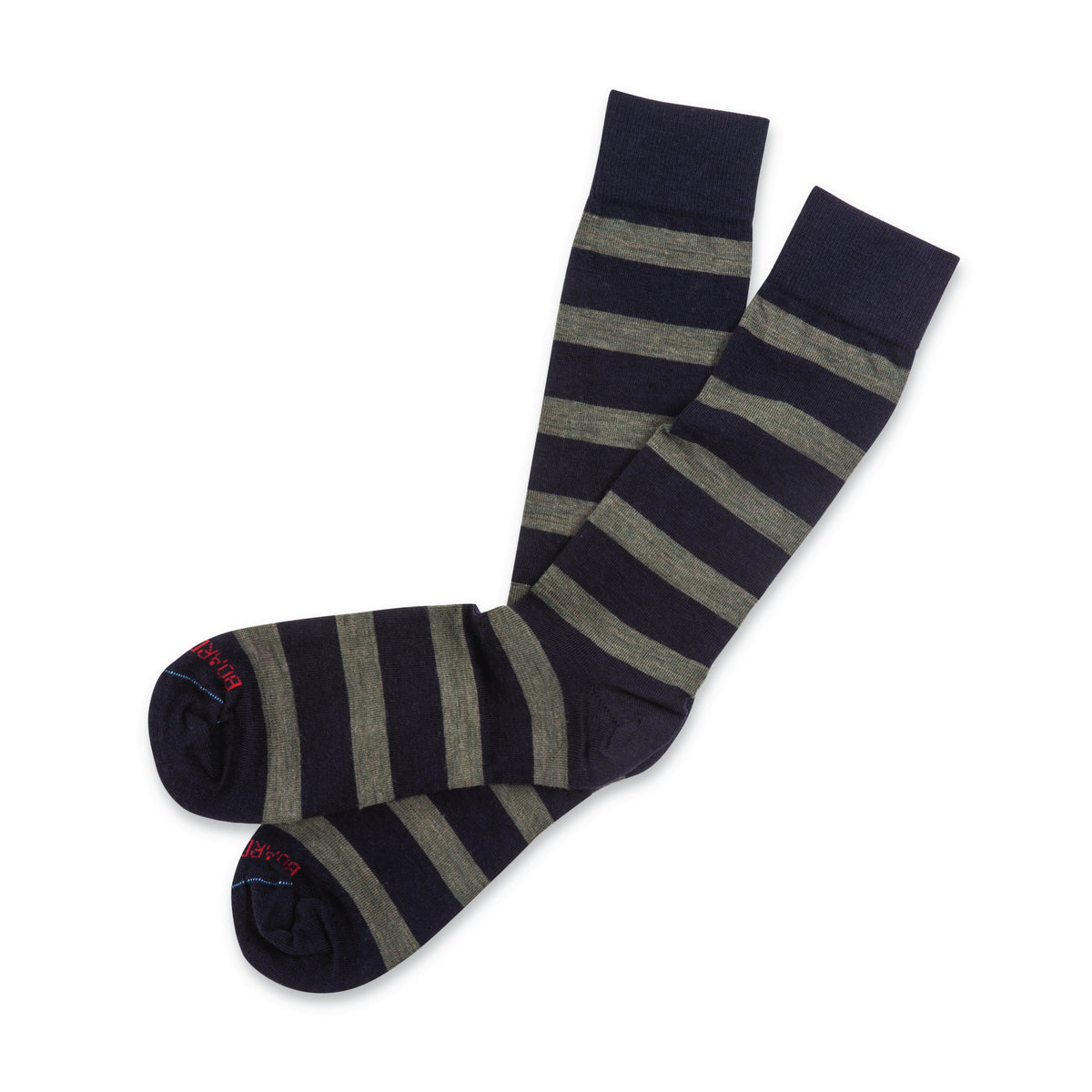 image of a pair of Olive Stripes on Navy Merino Wool Mid Calf Dress Socks laying flat on a white background