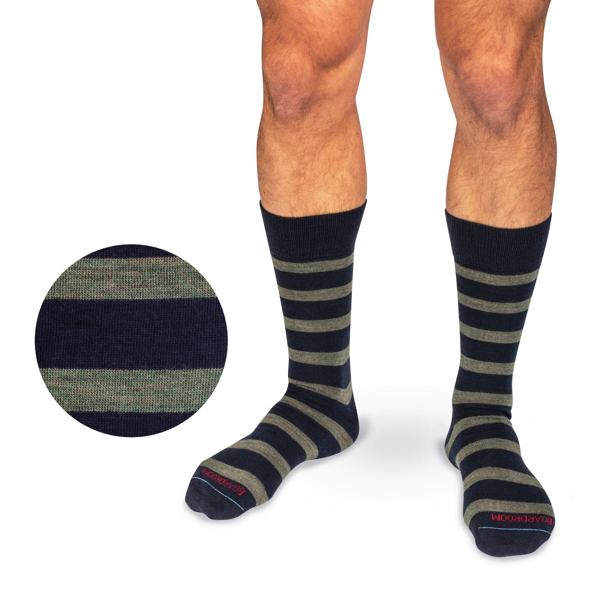 model wearing Olive Stripes on Navy Merino Wool Mid Calf Dress Socks 
