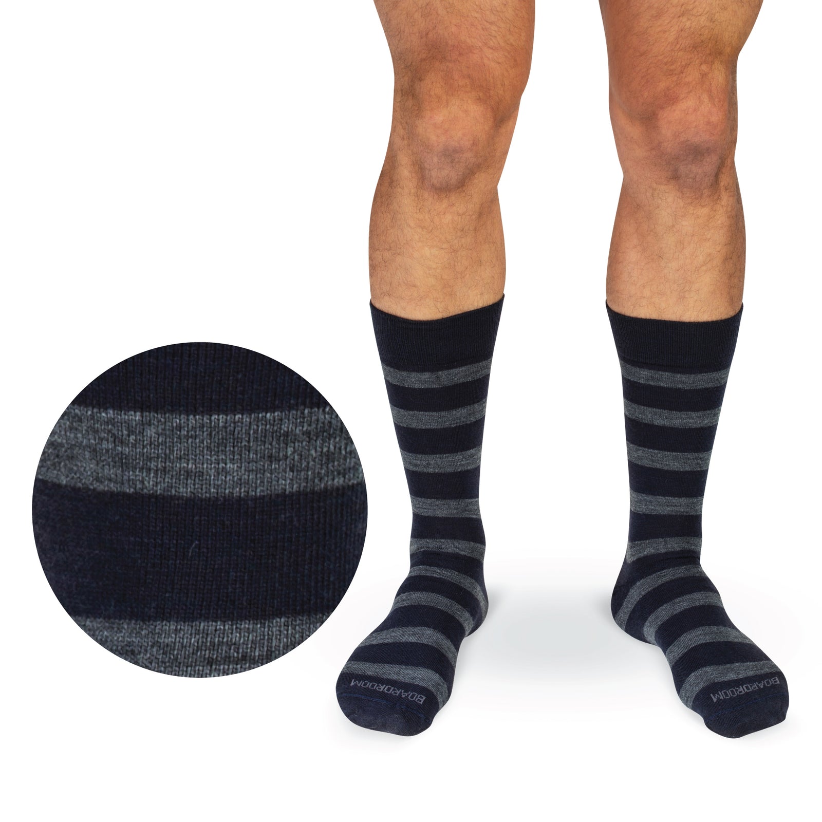 model wearing Grey Heather Stripes on Navy Merino Wool Mid-Calf Dress Socks on white background