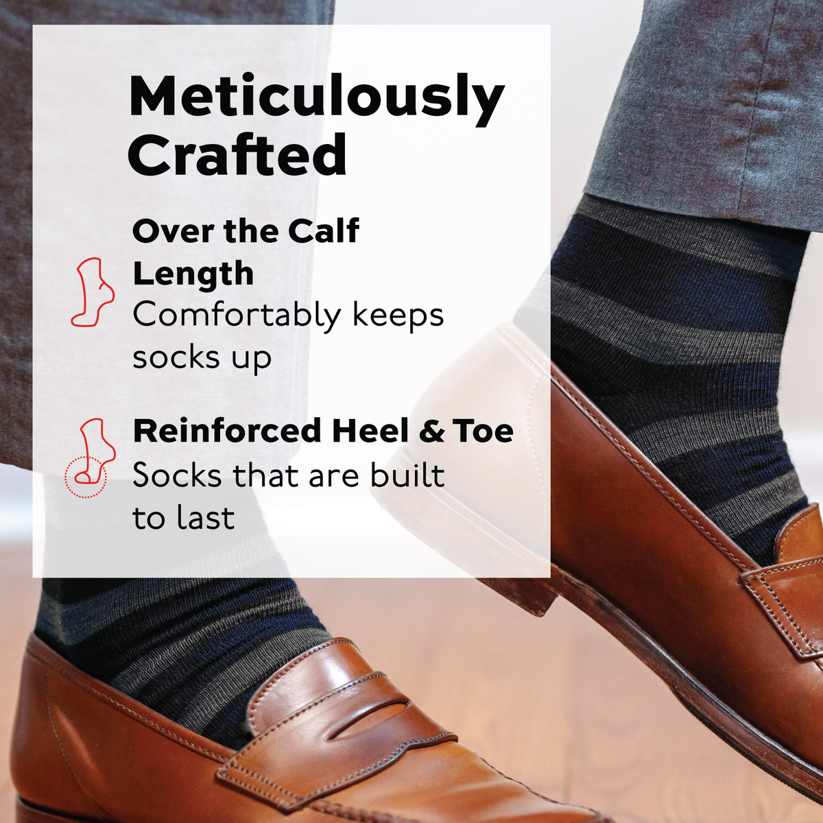 man wearing brown loafers and Grey Heather Stripes on Navy Merino Wool Over the Calf Dress Socks
