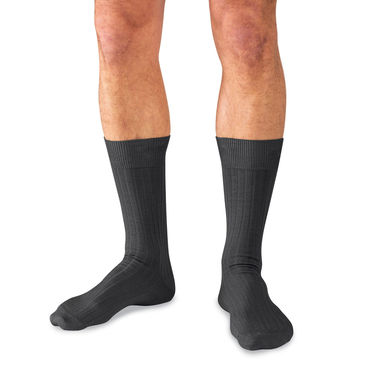 model wearing Grey Cotton Mid Calf Dress Socks on a white background