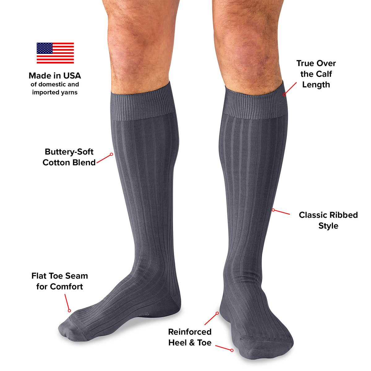 infographic detailing features and benefits of grey cotton over the calf dress socks from Boardroom Socks