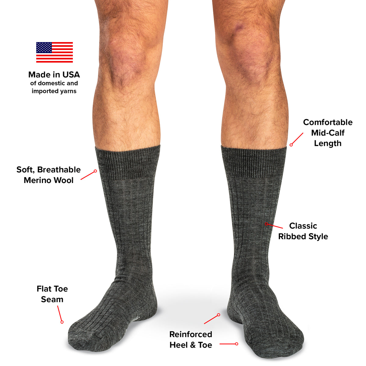 model wearing mid-calf length grey heather dress socks with text overlay detailing features and benefits