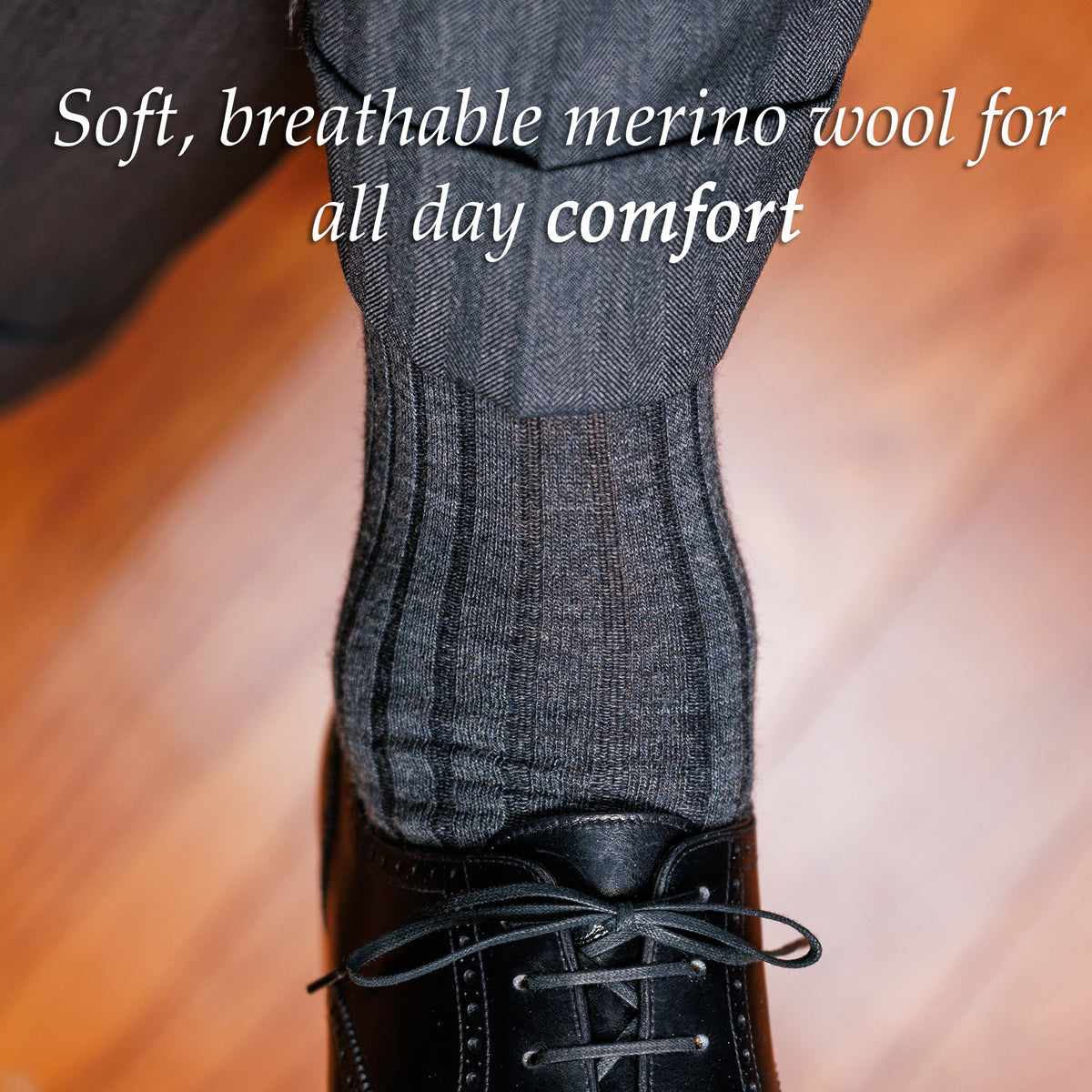 man wearing grey heather merino wool dress socks with grey slacks and black oxfords