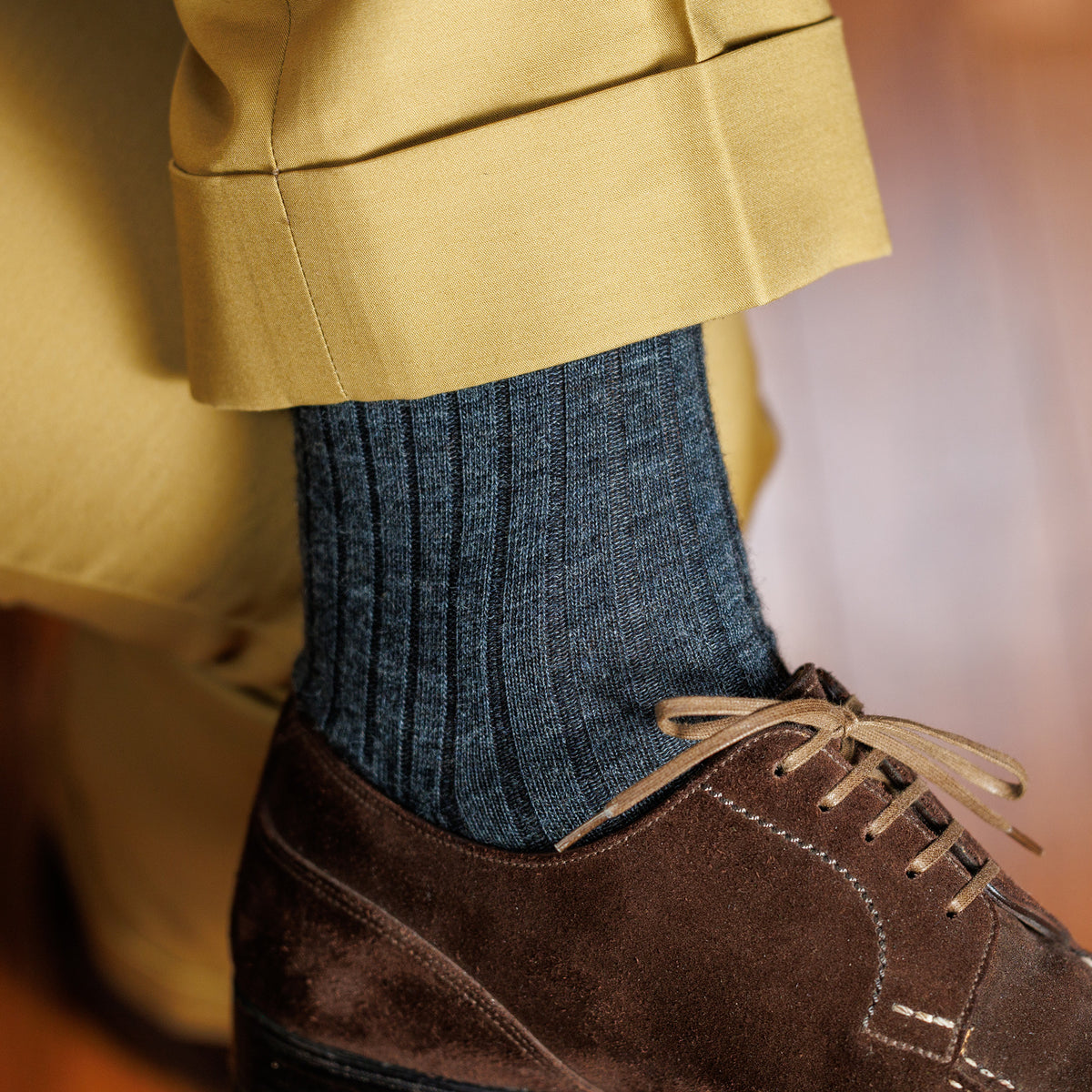 grey heather merino wool dress socks with gold slacks and brown suede derbies
