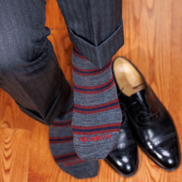 Grey Striped Merino Wool Mid-Calf Dress Socks