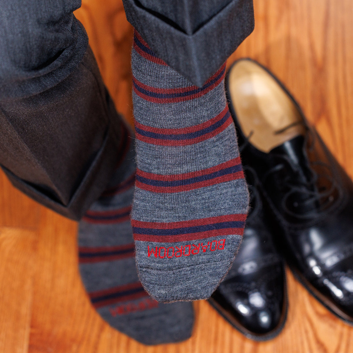 grey horizontal striped dress socks with Boardroom stitched across the toe