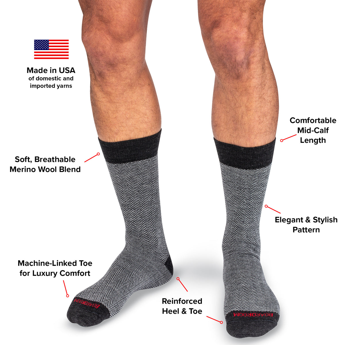 infographic detailing features and benefits of grey herringbone dress socks from Boardroom Socks