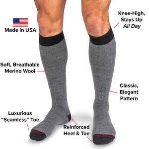 infographic detailing features and benefits of herringbone merino wool over the calf dress socks