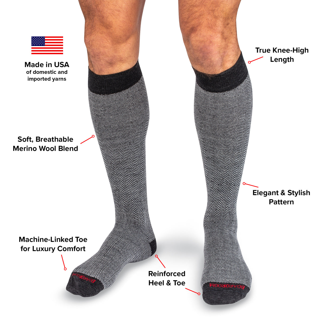 infographic detailing grey over the calf herringbone dress socks from Boardroom Socks