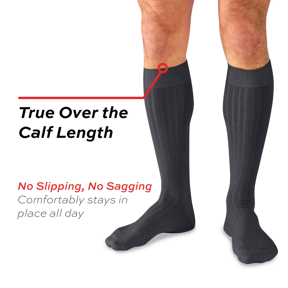 model wearing Grey Cotton Over the Calf Dress Socks with a "true over the calf length" text overlay 
