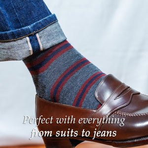 Boardroom Socks Striped Merino Wool Mid-Calf Dress Socks - Burgundy / Navy on Grey Boardroom Socks Striped Merino Wool Mid-Calf Dress Socks - Burgundy / Navy on Grey