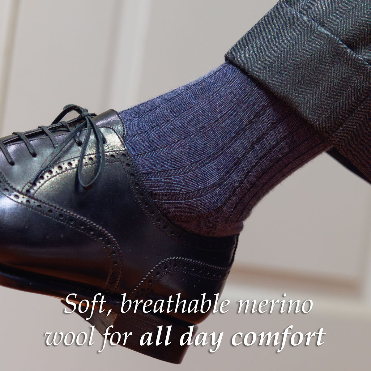 navy heather merino wool dress socks paired with black oxfords and a dark grey suit