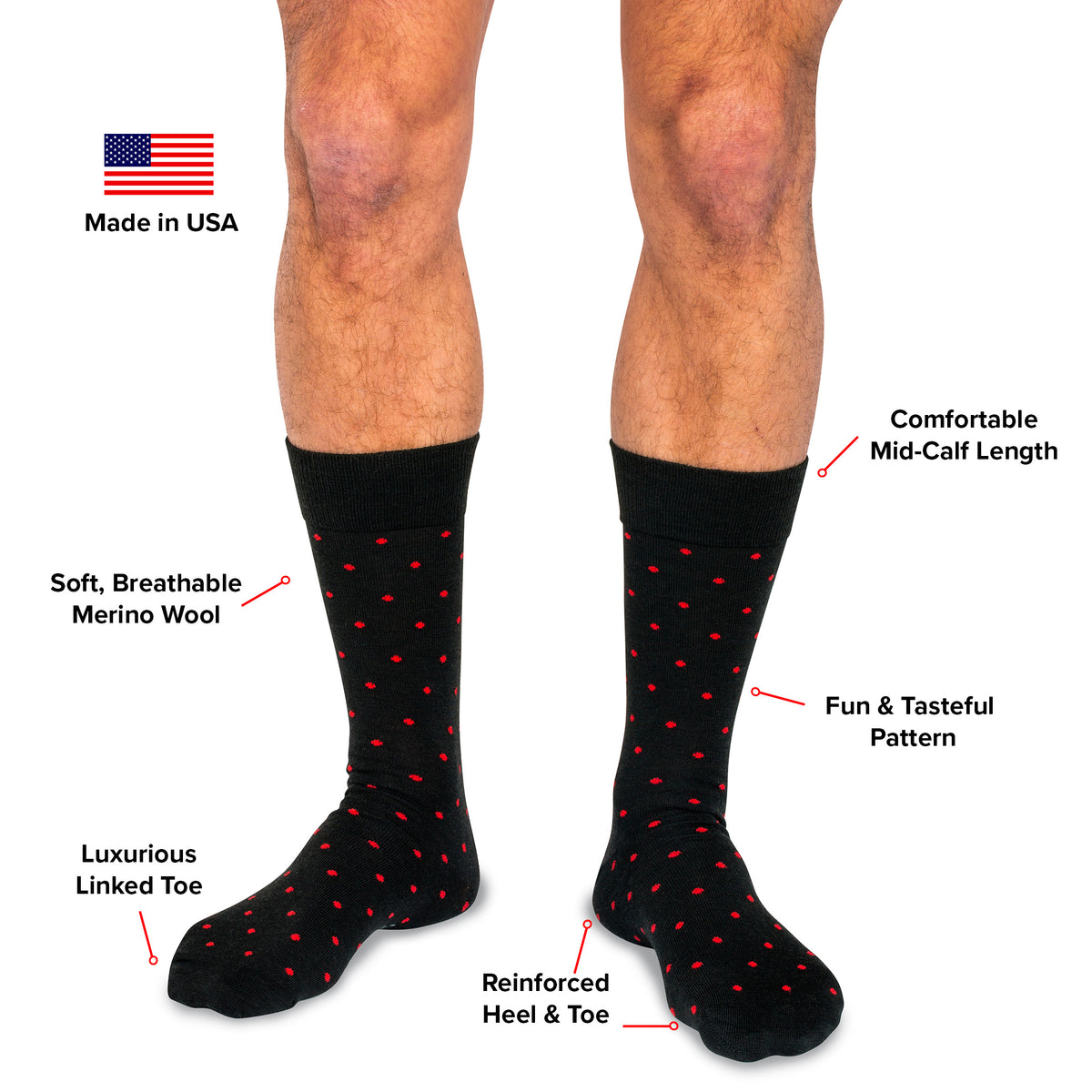 Red Dots on Black Merino Wool Mid Calf Dress Socks - Boardroom Socks