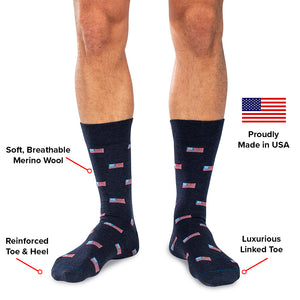 infographic detailing American flag dress socks made in USA