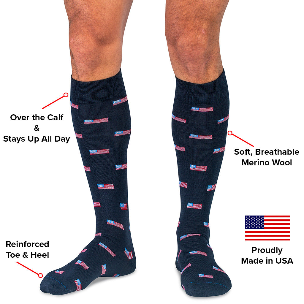 American Flag Navy Merino Wool Over the Calf Dress Socks | Boardroom Socks