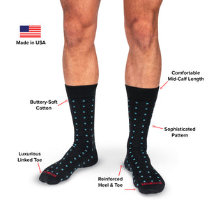 infographic showing black and blue patterned mid-calf dress socks